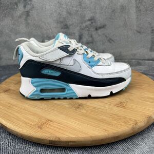 Nike Air Max 90 Shoes Youth Size 13.5C White Blue Black HF6357-100 Kids Sneakers